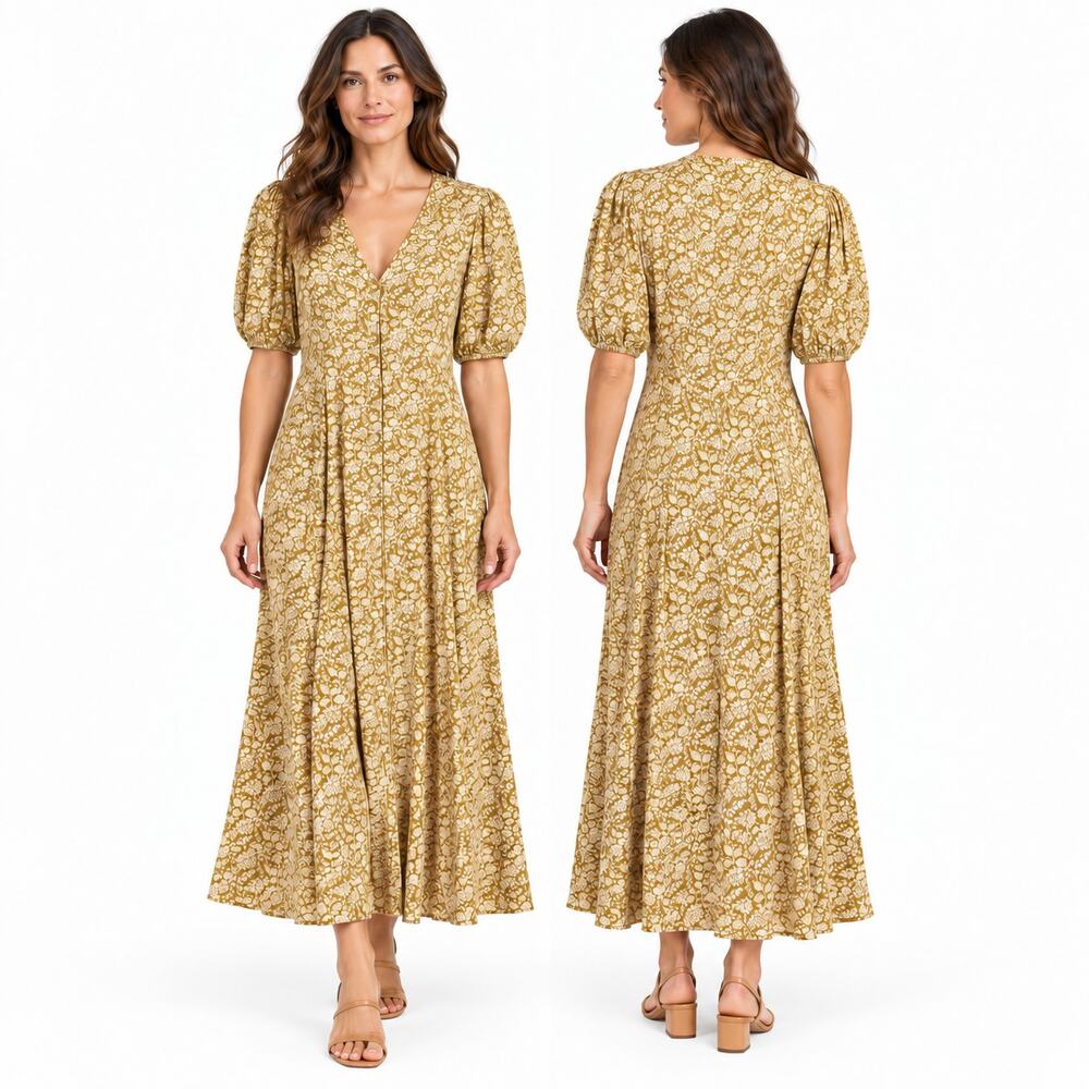 Faherty Havana Maxi Dress Floral Linen Blend Gold White